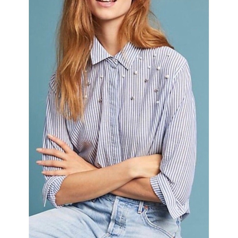 Rails Taylor Banker Stripe Pearl Embellished Shirt Blue White Pinstripe Large
